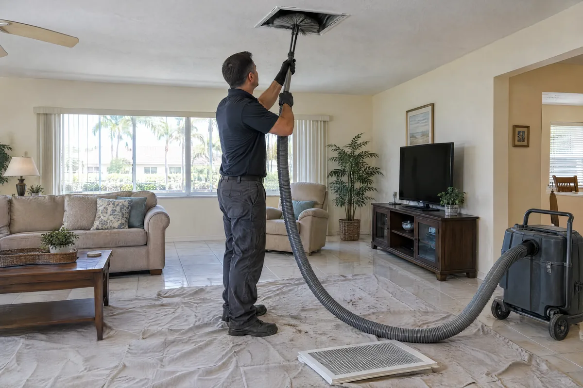 Technician cleaning a ceiling supply duct in a tiled living room