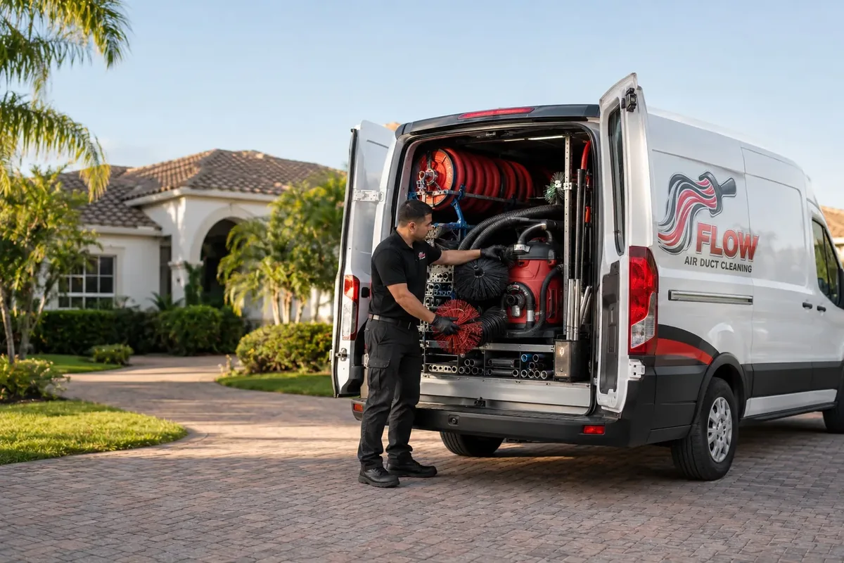 Flow technician with air duct, dryer vent and chimney cleaning equipment