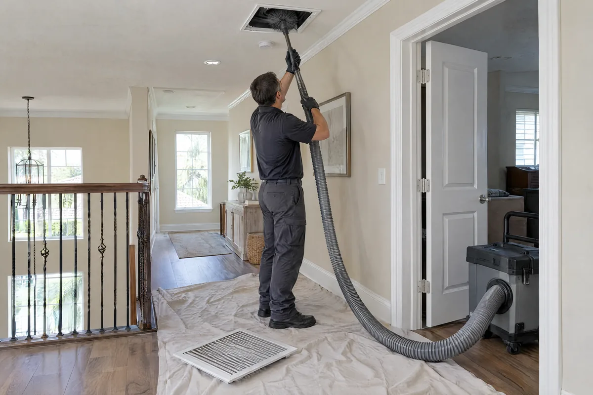 Technician cleaning a ceiling register in an upstairs hallway