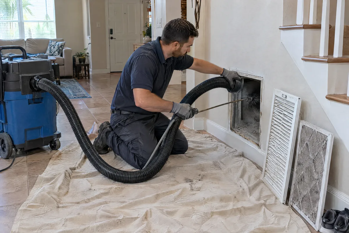 Technician kneeling at a wall return with a vacuum hose and brush rod, grille and filter set aside