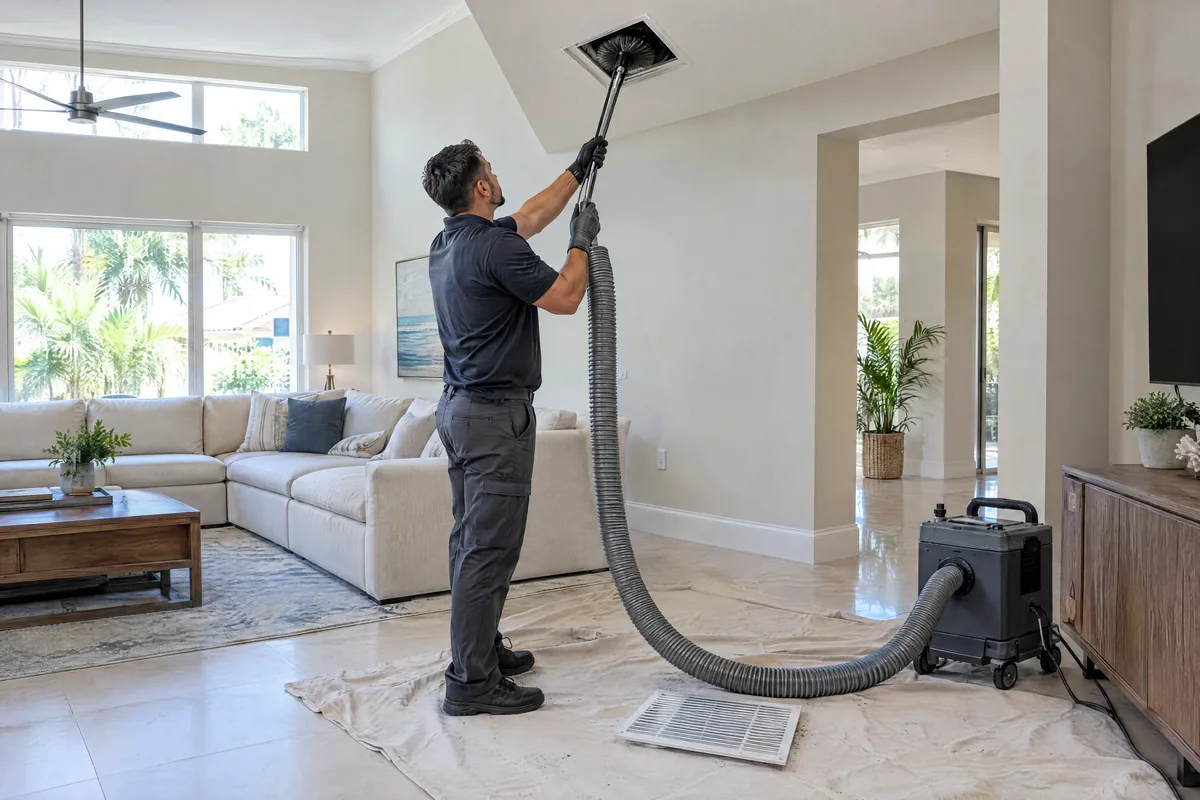Technician cleaning a ceiling register in a bright living room with high ceilings
