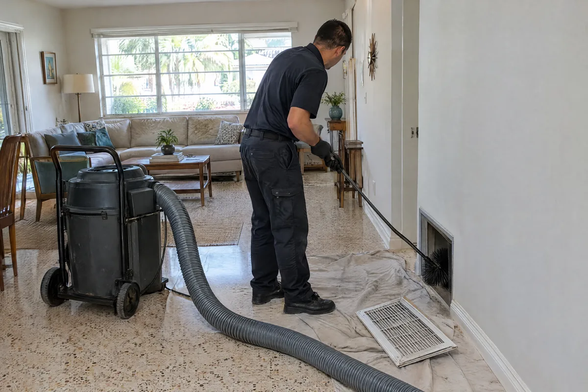 Technician cleaning a wall supply duct in a room with terrazzo floors