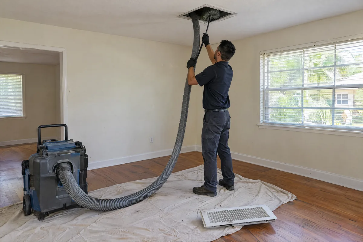 Technician cleaning a ceiling supply duct in an empty room with wood floors