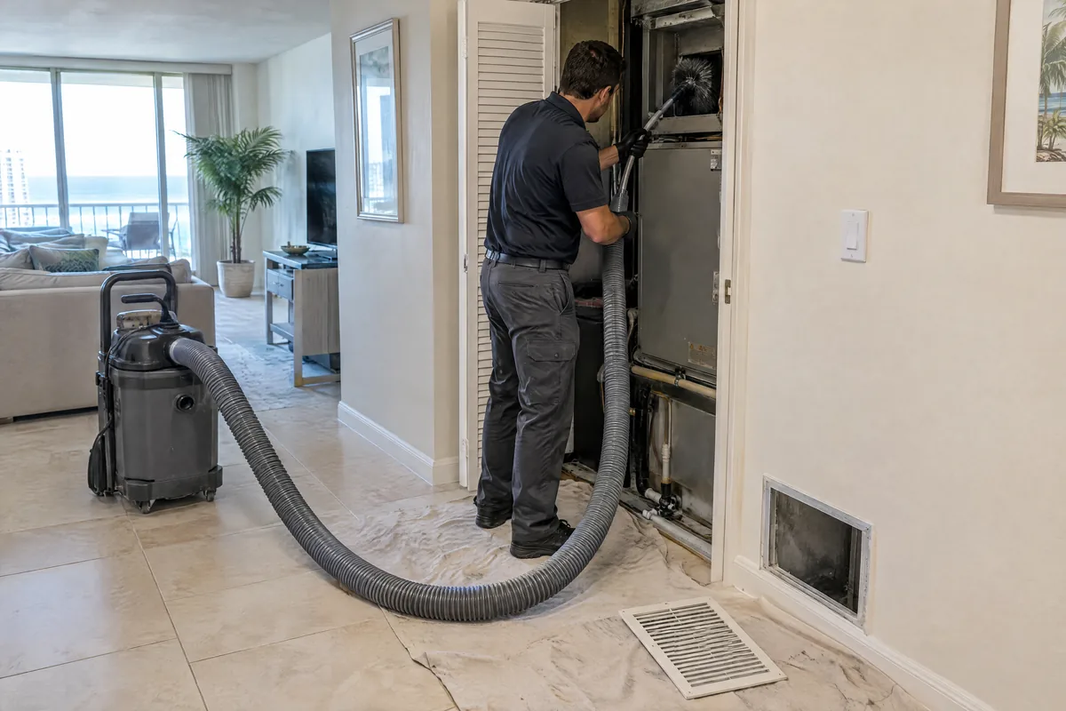 Technician cleaning at an open air handler closet in a condo hallway