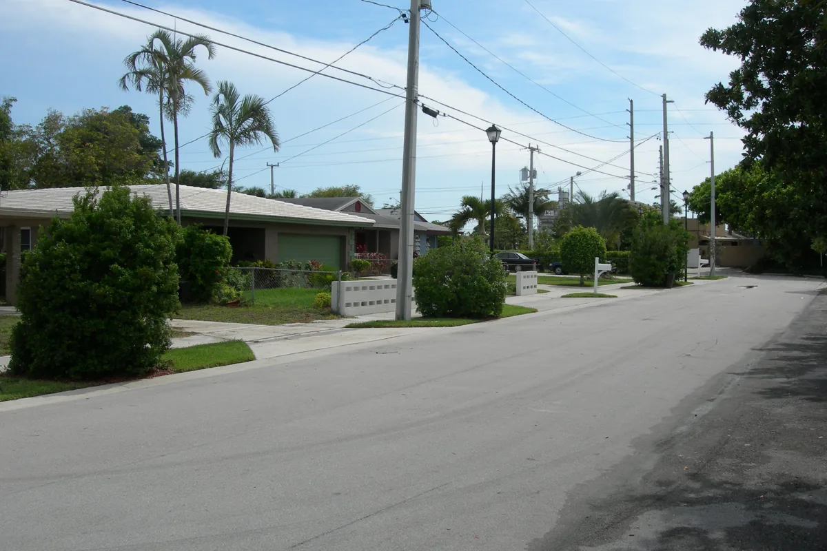 Residential street with single-storey houses and palms in Boca Raton, Florida