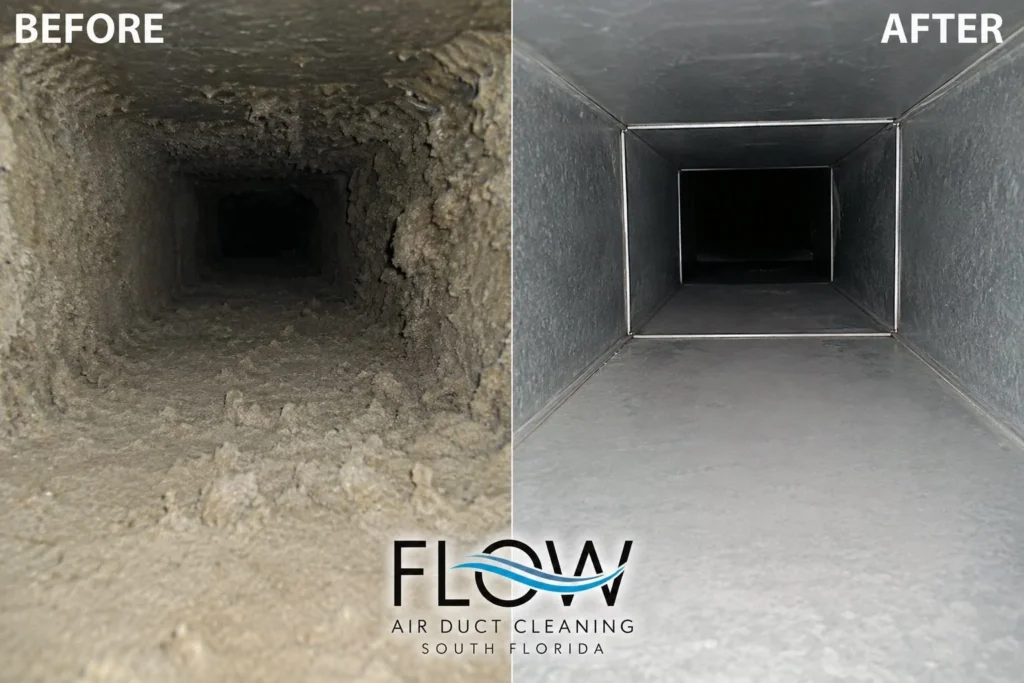 Air duct before and after cleaning in South Florida