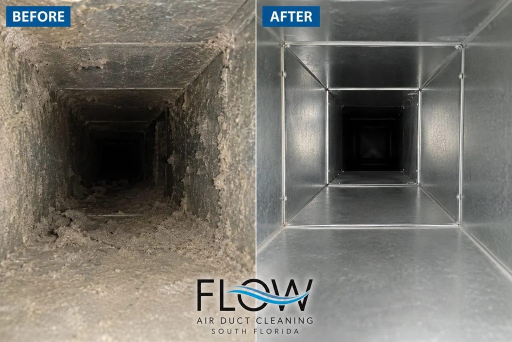Air duct before and after cleaning, Flow Air Duct Cleaning