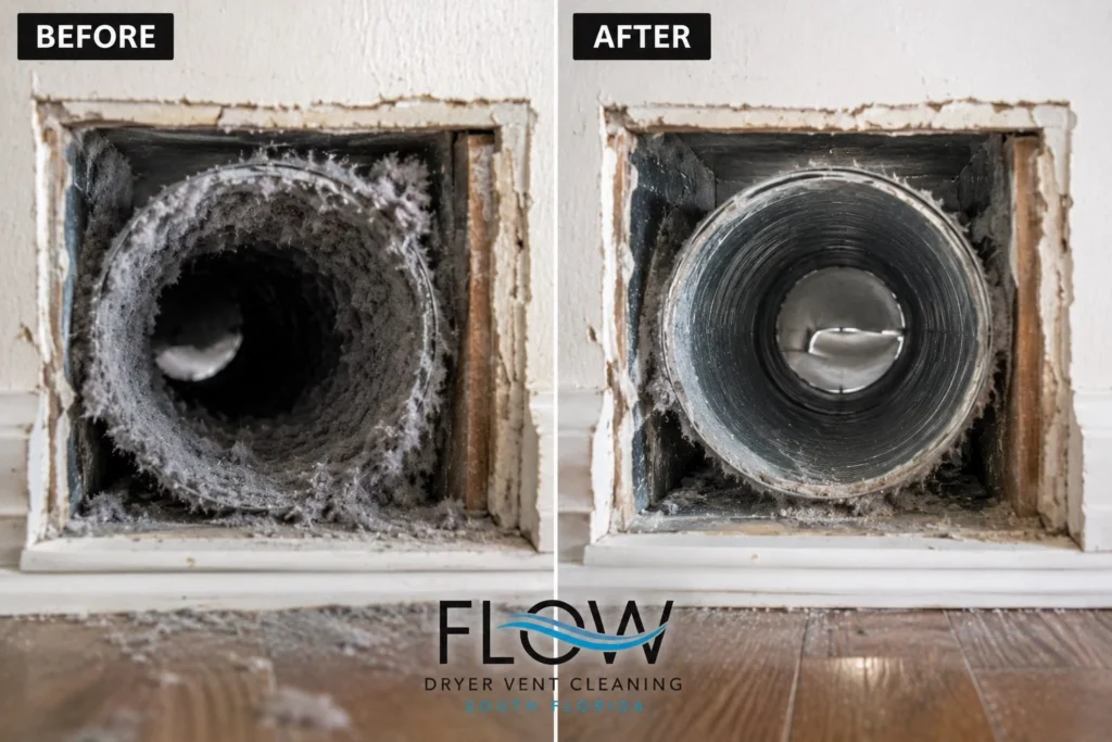 Dryer vent before and after cleaning, floor-level vent