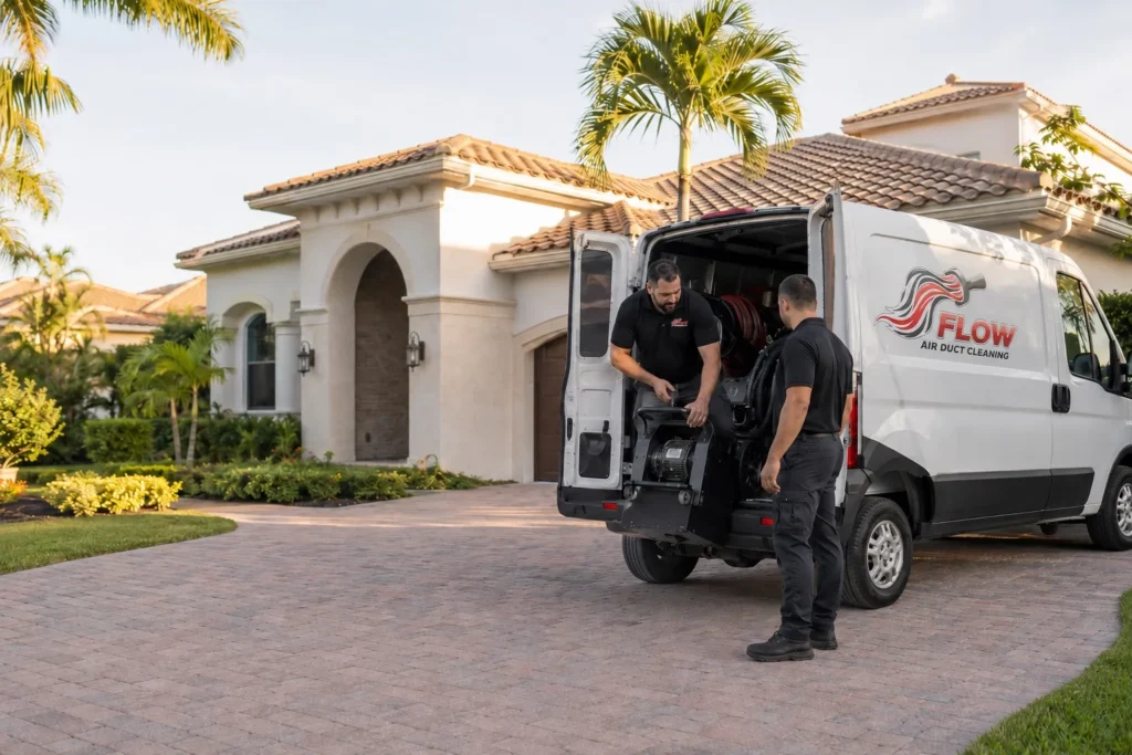 Flow Air Duct Cleaning technicians arriving at a home in Hallandale Beach, FL