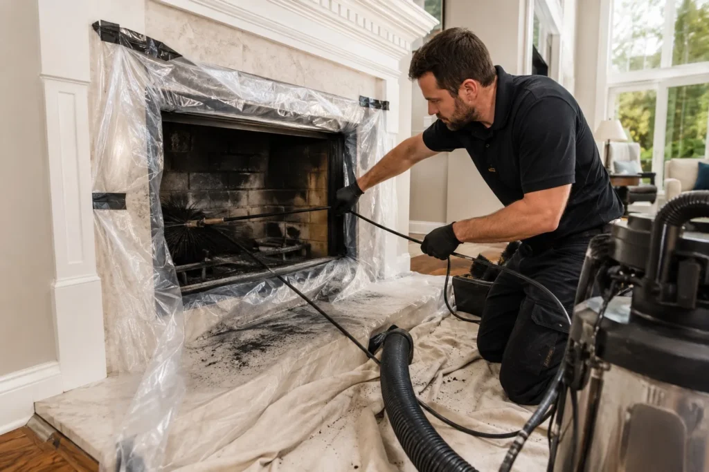 Flow chimney sweep working on a fireplace flue in South Florida