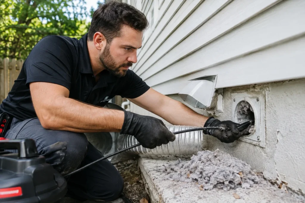 Flow technician cleaning a dryer vent in Broward County