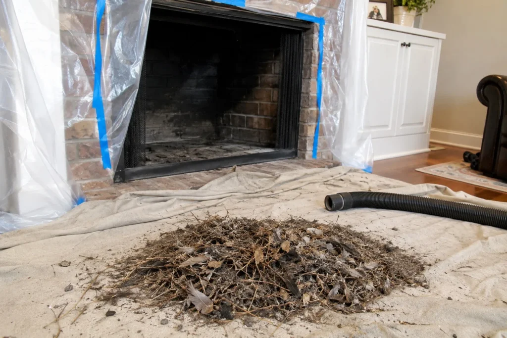 Bird nesting material removed from a South Florida chimney flue