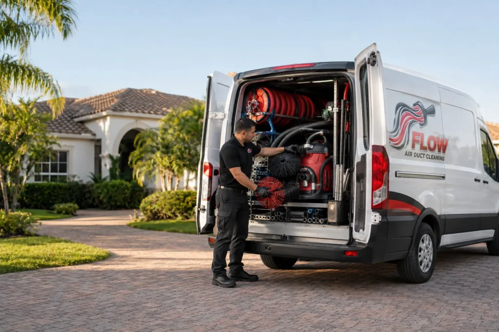 Flow technician with air duct, dryer vent and chimney cleaning equipment in South Florida