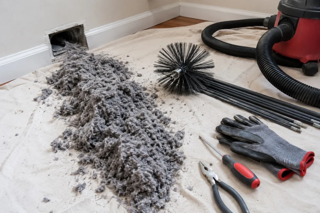 Lint removed from a blocked dryer vent line in a Broward County home