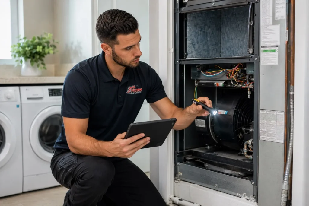Flow technician inspecting an air handler before quoting a duct cleaning