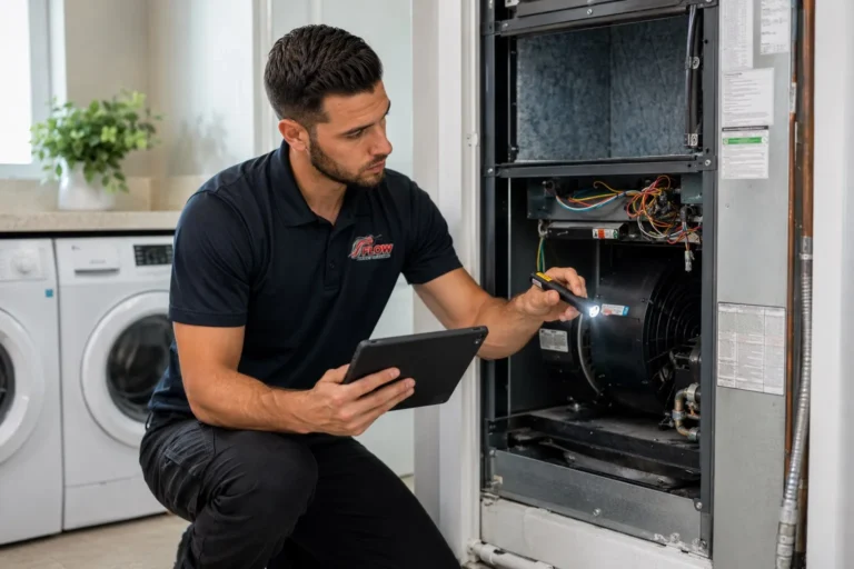 Flow technician inspecting an air handler before quoting a duct cleaning